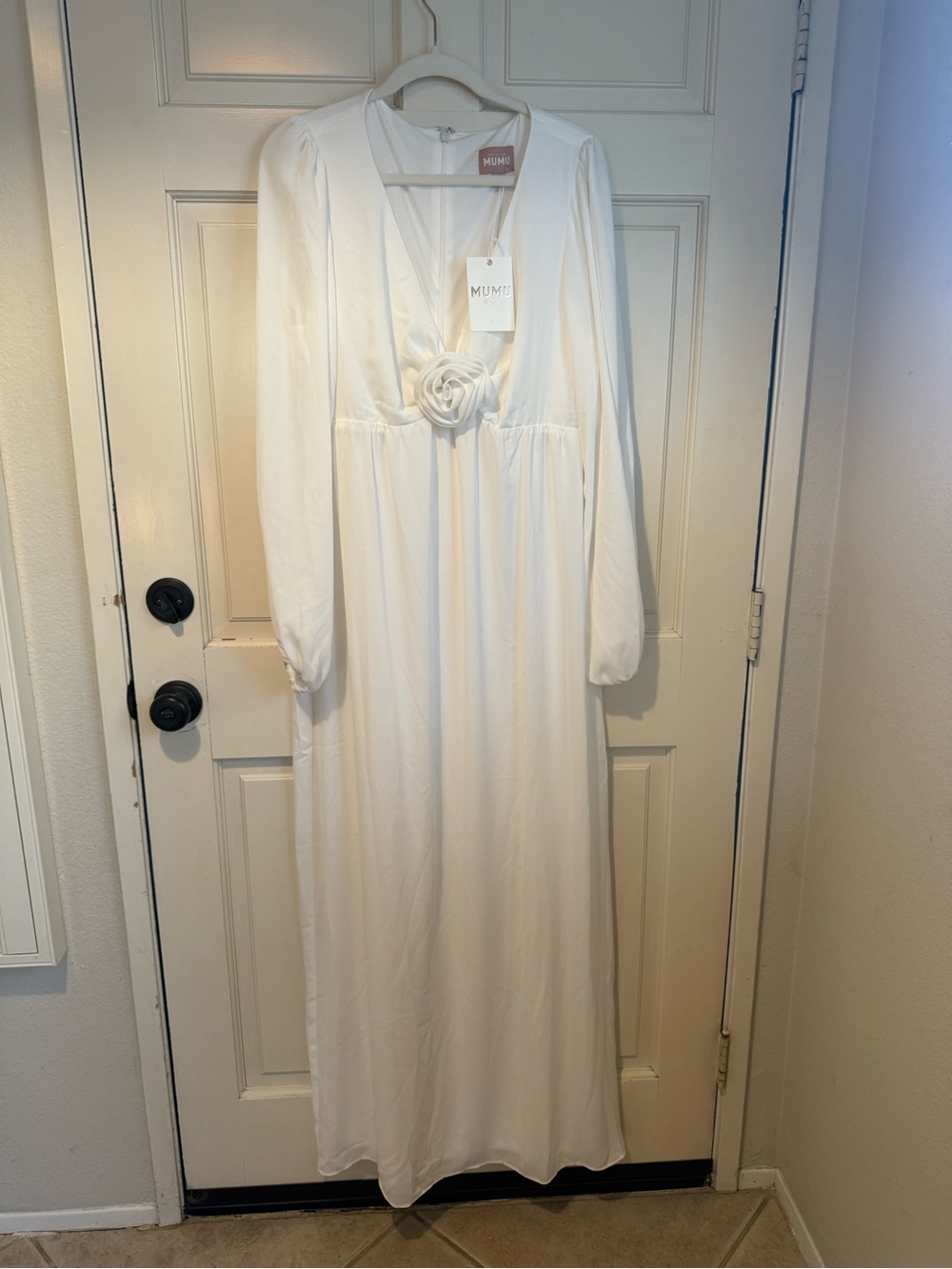 Show Me Your MuMu Cream Long Sleeve V-Neck Maxi with Rosette Waist